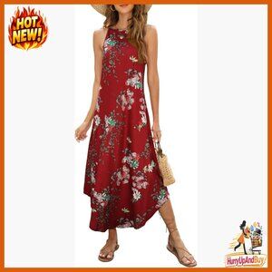 Sleeveless Halter Maxi Dress Flowy Swing Boho Beach Casual Summer
